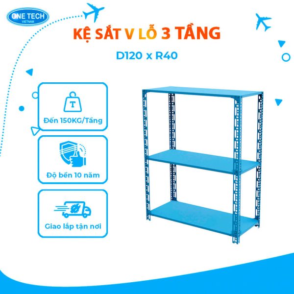 Kệ sắt V lỗ 3 tầng D120 x R40 (cm)