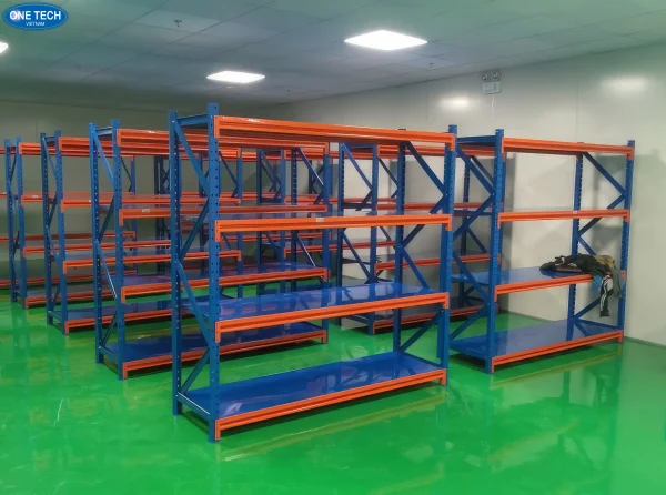 Kệ trung tải tại Bình Dương 4 tầng màu xanh cam